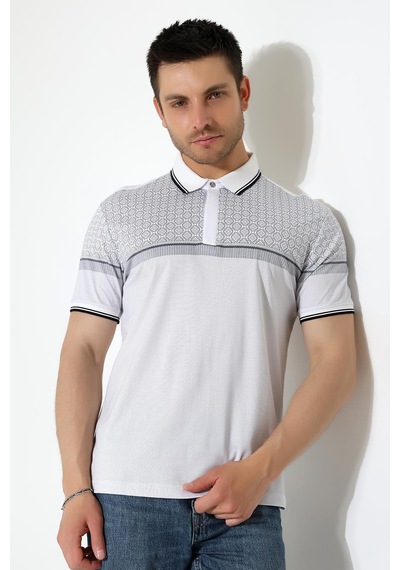 Rıbana Classıc Fermuar Detaylı Desenli Pamuklu Polo Yaka T-shirt Beyaz