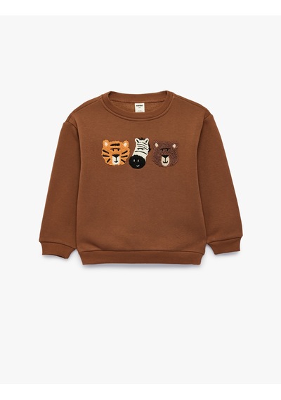 Koton Nakışlı Şardonlu Bisiklet Yaka Uzun Kollu Oversize Sweatshirt Kahverengi 7wmb10139tk Kahve