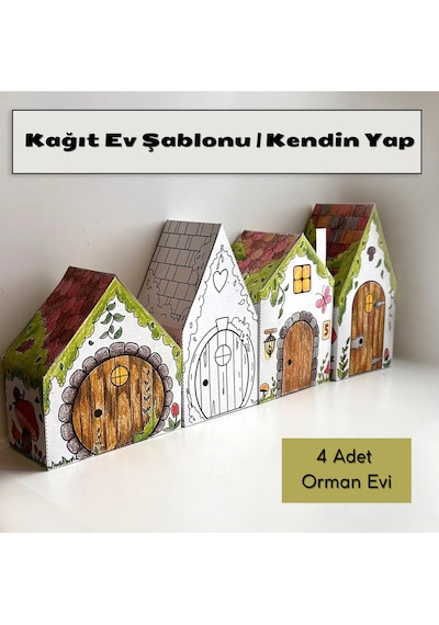Kağıt Ev Şablonu Kendin Yap, 4 Adet Orman Evi, Boyama El Sanatları