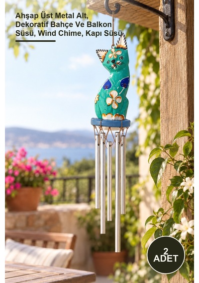 2 Adet Rüzgar Çanı Ahşap Üst Metal Alt, Dekoratif Bahçe Ve Balkon Süsü, Wind Chime, Kapı Süsü