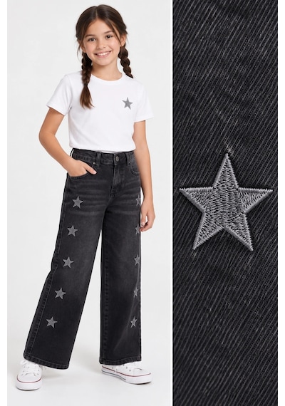 Rony Pony Kids Kız Çocuk Yıldız Nakışlı Füme Jean Pantolon Bol Paça Yüksek Bel Kot
