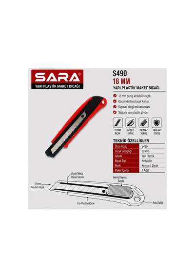 Sara S490 Yarı Plastik Maket Bıçağı 18 Mm Kırılabilir Bıçak, Güçlendirilmiş Bıçak Kanalı