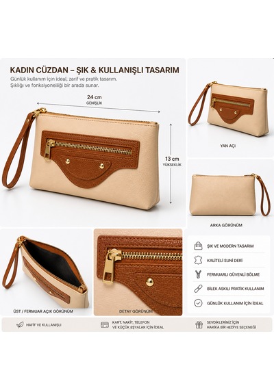 Zeydila Kadın El/bilek Cüzdanı Şık & Kullanışlı Bej - Taba