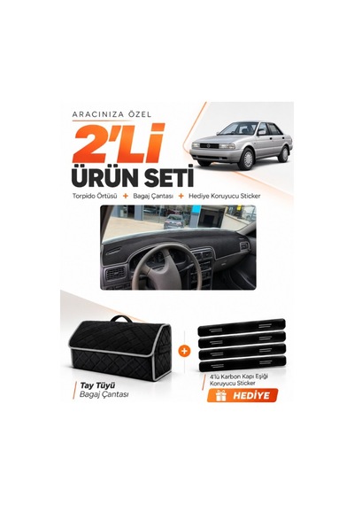 E-biz Nissan Sunny 1990-1995 Uyumlu Torpido Örtüsü + Tay Tüyü Bagaj Çantası - Siyah-gri - Nı018