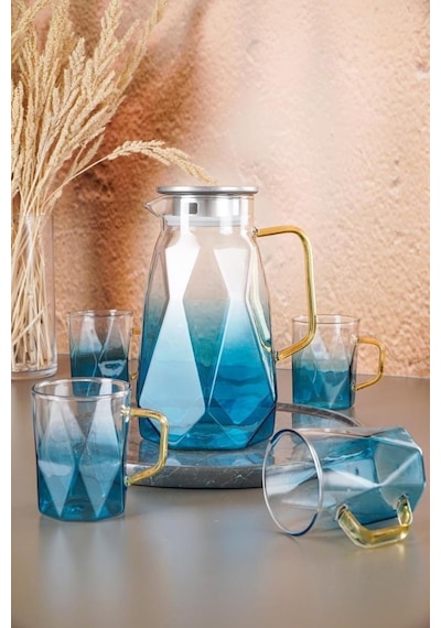 Acar Lueray 5 Parça 1500 Ml Sürahi 300 Ml 4 Bardak Seti Mavi Acr-090