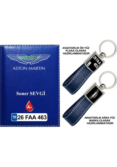 Plakanıza Özel Aston Martin Logolu Lacivert Ruhsat Kabı Ve Anahtarlık