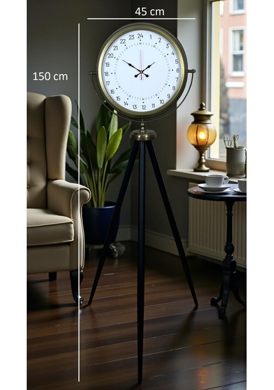 Eskitme 24 Saat Göstergeli Özel Tasarım Tripod Ayaklı Saat 24 Saat Göstergeli Beyaz Kadran
