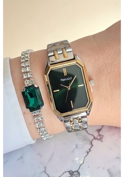 Bileklik Hediyeli Altın/metalik Yeşil Kadran Kadın Kol Saati 29 Mm Dikdörtgen Kasa 2 Yıl Garantili Rose Gold - Gümüş