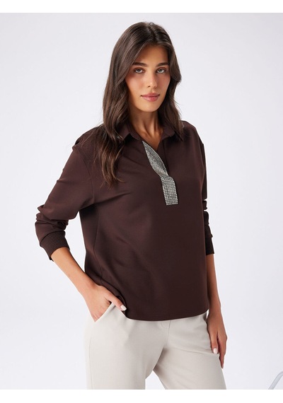 Faik Sönmez Taş Detaylı Polo Yaka Sweatshirt W27swt002 Uw27swt00230 Kahve