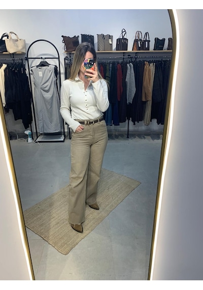 Bej Geniş Kesik Paça Wide Leg Kadın Jean Pantolon Bej