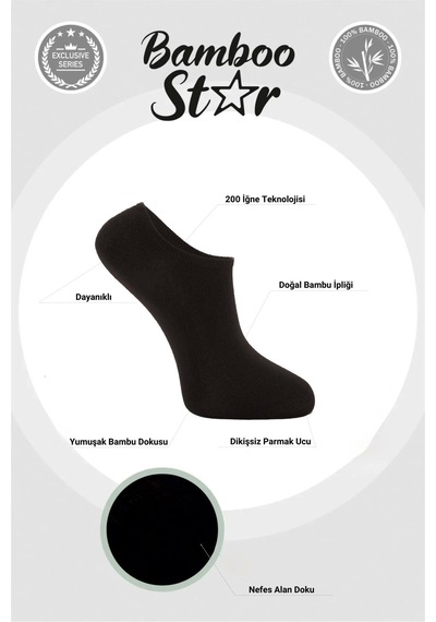 Bamboo Star Bambu Erkek Sneaker Siyah Çorap Dikişsiz Görünmez Bilekte Görünmez Spor Çorap Premium 6'lı Paket