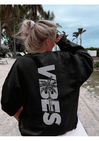 Unisex Oversize Vibes Baskılı Bisiklet Yaka Siyah Sweatshirt Siyah