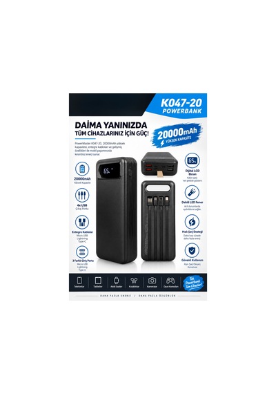 Powermaster 20000mah Powerbank Dijital Ekranlı 4 Usb 3 Kablo Type-c Lightning Micro Usb Led Fener