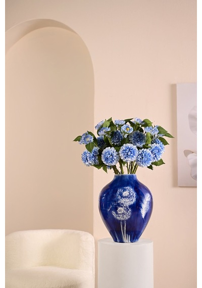 Mavi Yapay Dahlia Yıldız Çiçeği 2 Dallı Lüx İpeksi Dokulu 65 Cm