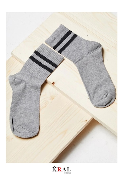 Kral Socks Erkek Kadın 3 Çift Çizgili Kolej Tenis Çorabı Pamuklu Terletmez Çorap Gri