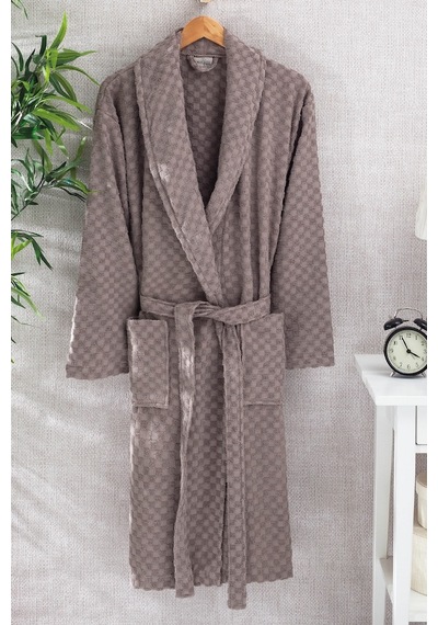 %100 Pamuk Plaid Desen Bej Renk Bornoz Bej