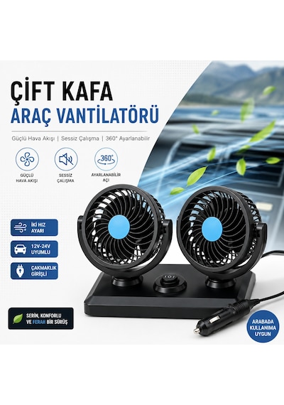 Çift Başlıklı 360 Dönebilen Araç İçi Vantilatör 12v/24v Uyumlu Sessiz Çakmaklık Fanı 2 Kademeli