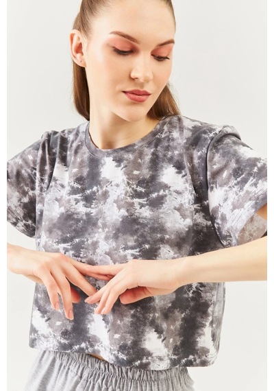 Kadın Oversize Rahat %100 Pamuklu Penye Bisiklet Yaka Kısa Kol Basic Crop T-shirt Batik Gri