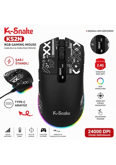 Rgb Gaming Mouse 24000 Dpı Kablosuz 2.4g Bluetooth Type-c Şarjlı Oyuncu Mouse Şarj Standlı Ms-ks2ns