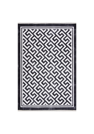 Modern Siyah Beyaz Geometrik Kilim Kaymaz Taban, Yıkanabilir, Salon & Oturma Odası Siyah Siyah