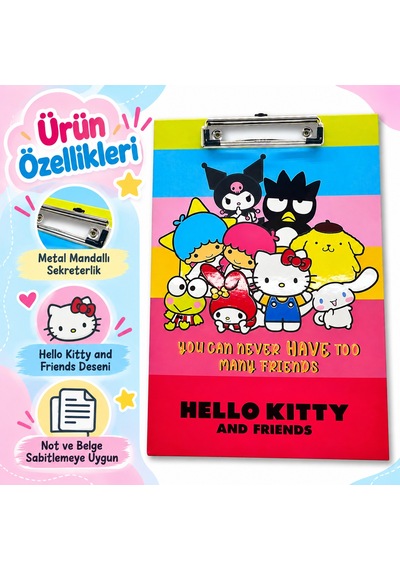 Bakgelal Hello Kitty And Friends Renkli Metal Klipsli Dosya Ve Sekreterlik Çok Sayıda Arkadaş Tasarımlı Bloknot Altlığı - 9040458601795