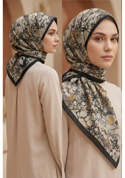 Ochre Desen 90x90cm Matte Cotton Eşarp Siyah - Vizon