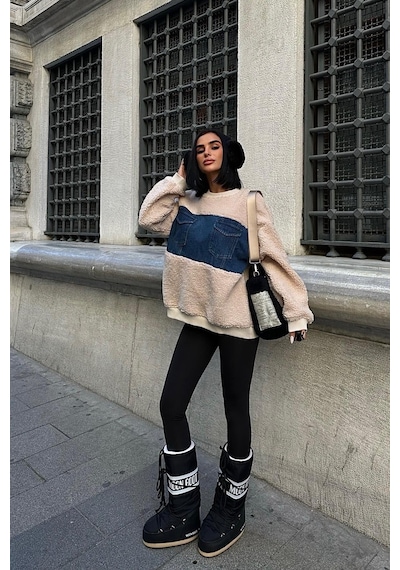 WeShaya Kadın Taş Polyester Bisiklet Yaka Uzun Kollu Sweatshirt Taş