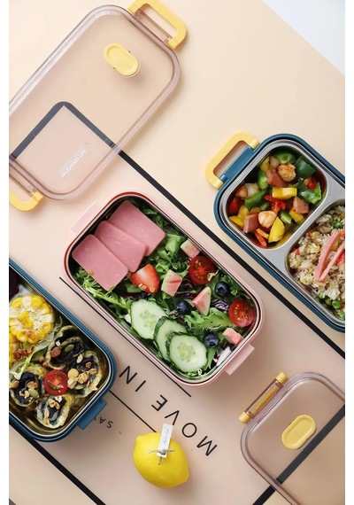 Vagonlif Çift Katmanlı Paslanmaz Çelik Beslenme Kabı-1400 Ml Beslenme Kutusu Lunch Box Pembe Çok Renkli