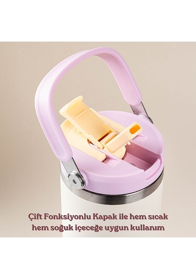 Pembe Paslanmaz Çelik Katlanır Pipetli Termos Bardak 1.2l - 2 Lila