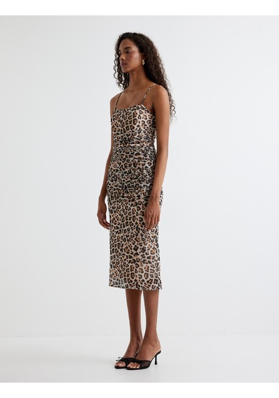 Koton Leopar Elbise Midi İp Askılı Drapeli Bej Desenli 4sak80039fk Koton Leopar Elbise Midi İp Askılı Drapeli Bej Desenli 4sak80039fk