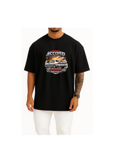Bahriyeli Collection Oversize Honda Accord 2000 Model Göğüs Baskılı Unisex T-shirt Siyah