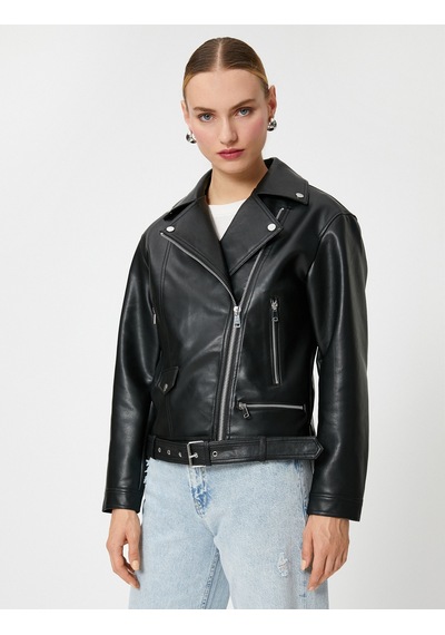 Koton Oversize Biker Ceket Suni Deri Fermuarlı Siyah 3sak20013ew