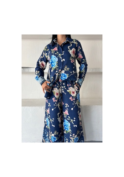 Wellway İthal Chokella Kumaş Çiçekli Tunik Gömlek & Pantolon 2li Takım-lacivert-26107 Lacivert