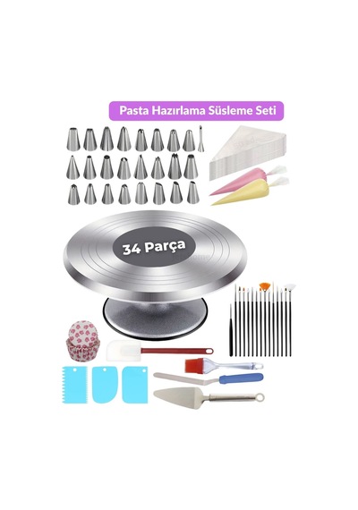 34 Parça Pasta Süsleme Hazırlık Seti Krema Duyu Torbası Standı Pasta Fırçası Spatula Kazıyıcı Beyaz