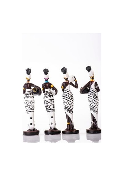 Mukko Home Siyah Beyaz Küp Taşıyan 4'lü Afrikalı Kadın Biblo Seti - Polyester Dekoratif Figür 15x4 Cm ,beyaz &am Diğer