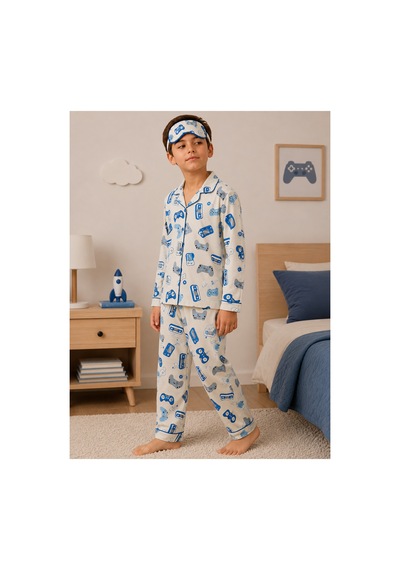 Free Beka Erkek Çocuk Önden Düğmeli Konsol Desenli Uzun Kollu Pijama Takımı Ve Göz Bandı Krem