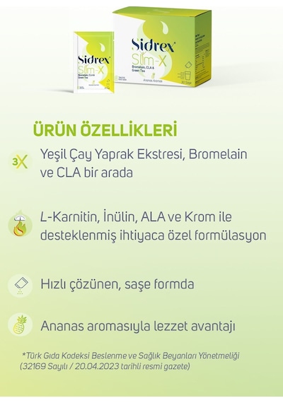 Sidrex Slm-x Bromelain Cla ve Yeşil Çay Eki İçeren Takviye Edici Gıda 30 Saşe