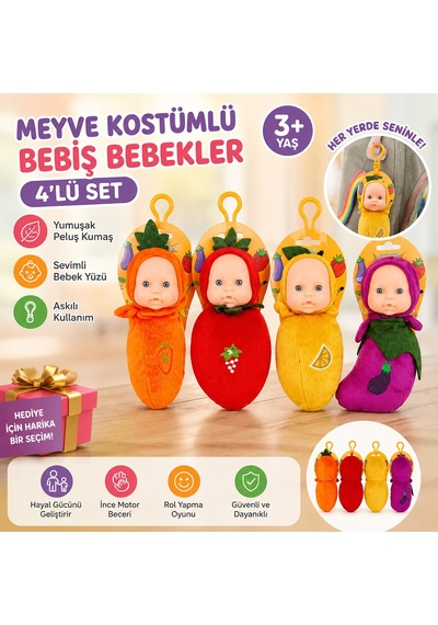 Askılı Meyve Kostümlü Bebiş Bebek 4'lü Set Peluş Meyve Tasarımlı Mini Oyuncak Bebekler