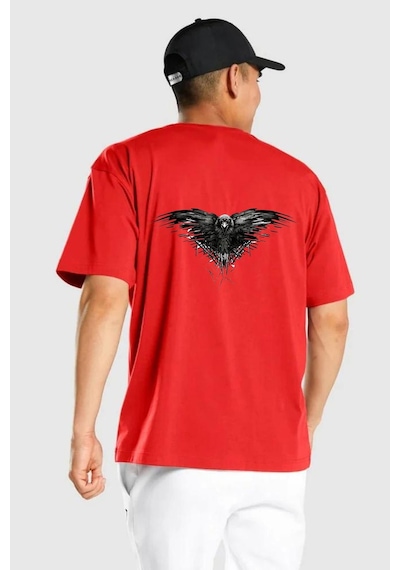 3 Gözlü Kuzgun Kırmızı Oversize Unisex Ön Ve Sırt Baskılı Tişört Kırmızı