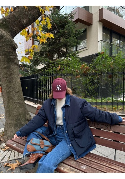 Primemagazam Kadın Jeans Detaylı Cıtcıtlı Ceket Mont - Lacivert Çeşitli