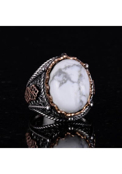 Gerçek Doğal Howlite Taş Yüzük, 925 Ayar Katı Gümüş Erkek Yüzüğü Gümüş