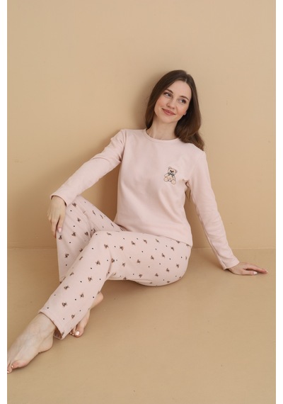 Wordex Mırano 3107 Waffle Soft Kumaş Ayıcık Desenli Kışlık Ev Kadın Pijama Takımı Bej