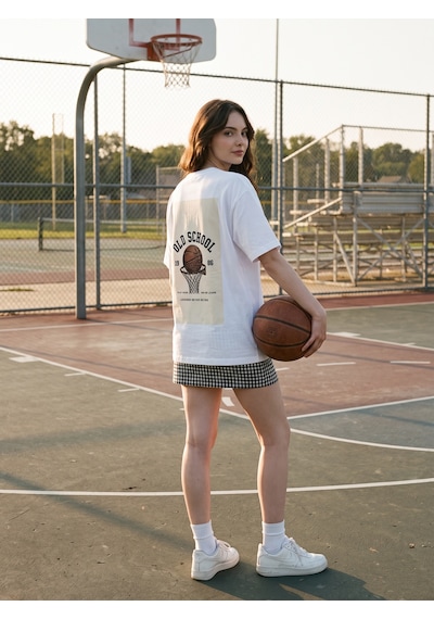 Black Nova Oversize Baskılı Unisex Tişört Basketball 86 Beyaz