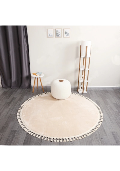 Linos Home Krem Fluffy Düğüm Saçaklı Yuvarlak Post Peluş Halı Kaymaz Taban