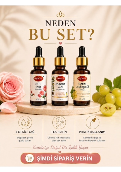 Gül+jojoba+üzüm Çekirdeği Yağı Cilt Bakım Yağ Seti 3 Lü Işıltı Ve Nem Desteği 3x20 Ml