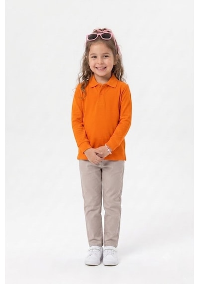 Nacar Store Unisex Çocuk Uzun Kollu Polo Yaka Lakost Okul Tişörtü Turuncu