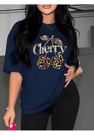 Uyguntarz Unisex Leopar Desenlı Vişne Baskılı Tasarım Tshirt Lacivert