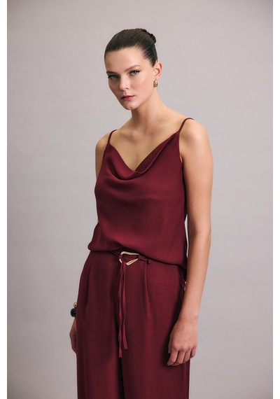 Sateen Degaje Yaka Dökümlü Bluz - Mürdüm-136691 Mürdüm