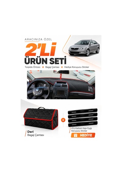 E-biz Skoda Octavia 2009-2012 Uyumlu Torpido Örtüsü + Deri Bagaj Çantası - Siyah-kırmızı - Sk009
