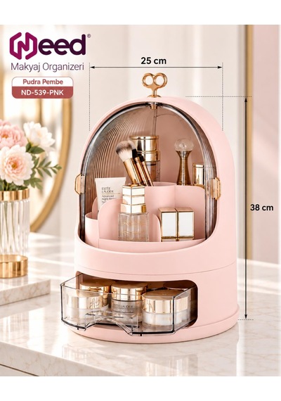 Need Oval Çift Kapaklı Çekmeceli Makyaj Ve Kozmetik Organizeri Pudra Pembe Nd-539-pnk